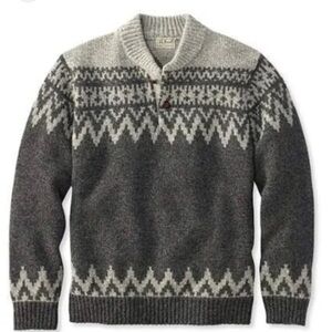 L.L. Bean Men's Classic Lambs Wool Fair Isle Henley Sweater in grey Size Small